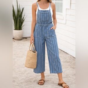 Kensie Striped Denim Overalls Wide Leg Cropped Blue White Adjustable Straps M